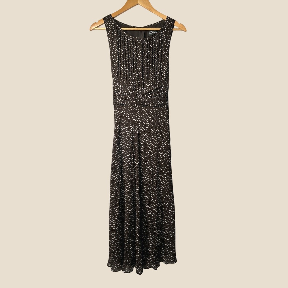Vtg Adrianna Papell Y2K Silk Polka Dot Tie Back Dress S Chocolate Brown Ruched